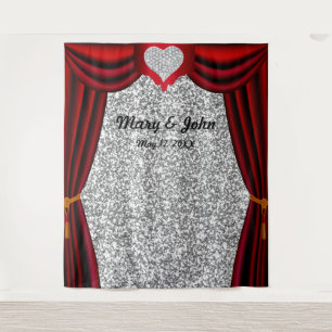 Silver Glitter Diamond Heart Red Curtain Backdrop Tapestry