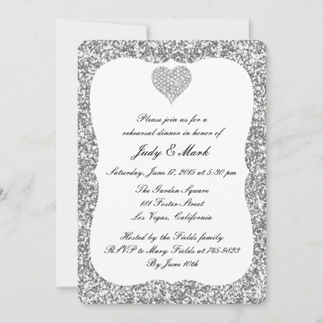 Silver Glitter Diamond Heart Rehearsal Dinner Invitation (Front)