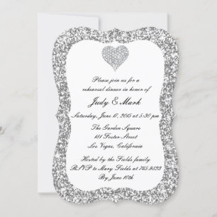 Silver Glitter Diamond Heart Rehearsal Dinner Invitation