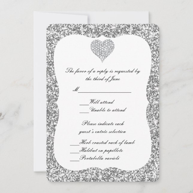 Silver Glitter Diamond Heart Response Card (Front)