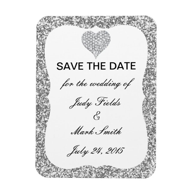 Silver Glitter Diamond Heart Save The Date Magnet (Vertical)
