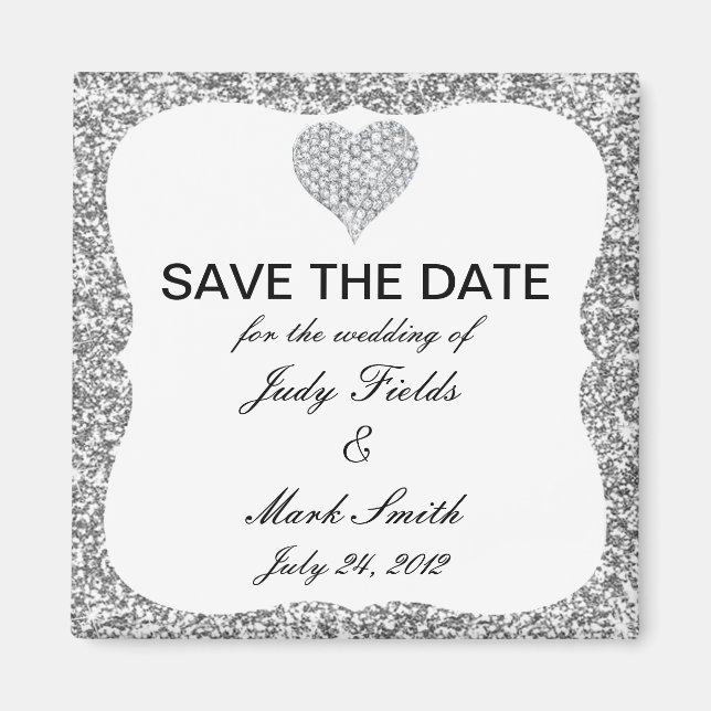 Silver Glitter Diamond Heart Save The Date Magnet (Front)