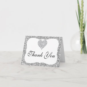 Silver Glitter Diamond Heart Thank You Card