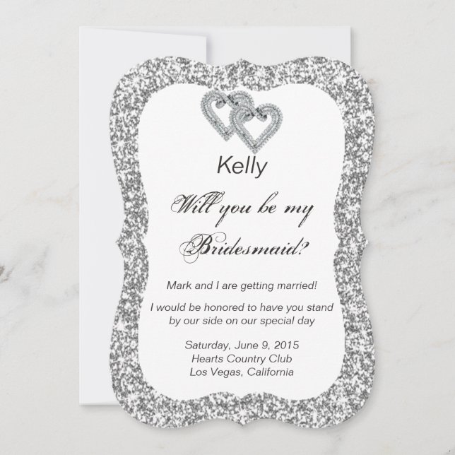Silver Glitter Diamond Hearts Bridesmaid Card (Front)