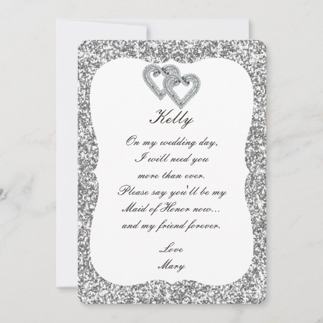 Silver Glitter Diamond Hearts Maid Of Honour Card (Front)