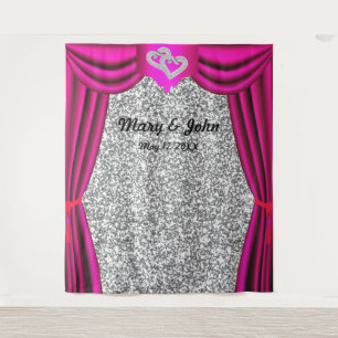 Silver Glitter Diamond Hearts Pink Curtain Tapestry