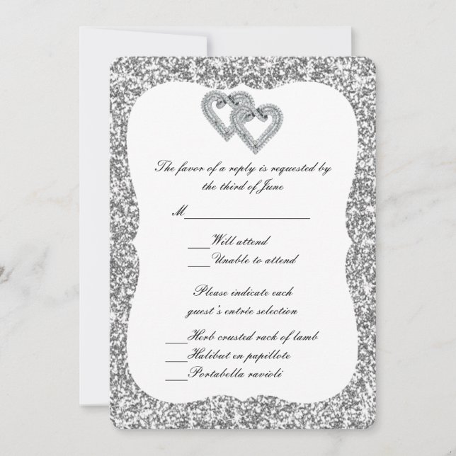 Silver Glitter Diamond Hearts Response Card (Front)