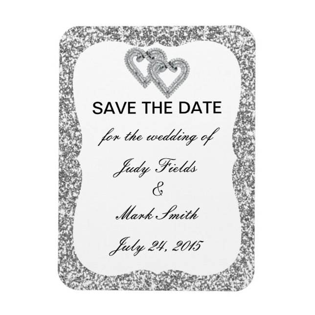 Silver Glitter Diamond Hearts Save The Date Magnet (Vertical)