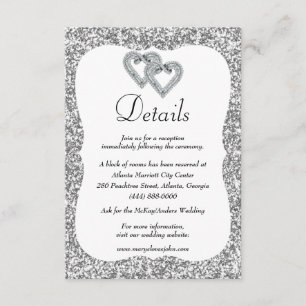 Silver Glitter Diamond Hearts Wedding Details Enclosure Card