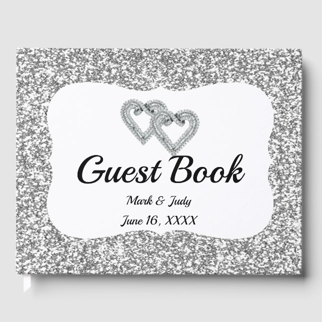 Silver Glitter Diamond Hearts Wedding Guestbook (Front)