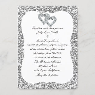Silver Glitter Diamond Hearts Wedding Invitation