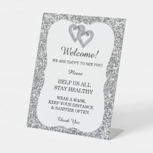 Silver Glitter Diamond Hearts Wedding Safety  Pedestal Sign