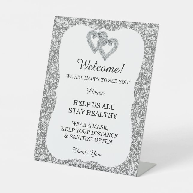 Silver Glitter Diamond Hearts Wedding Safety  Pedestal Sign (Front)