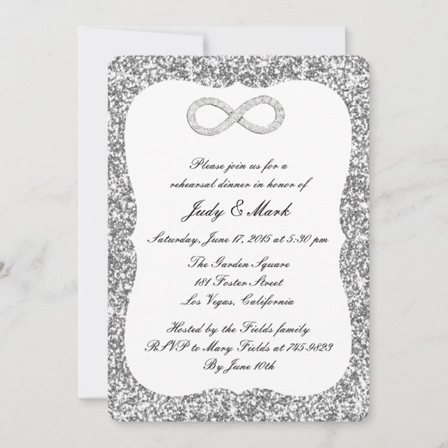 Silver Glitter Diamond Infinity Rehearsal Dinner Invitation (Front)