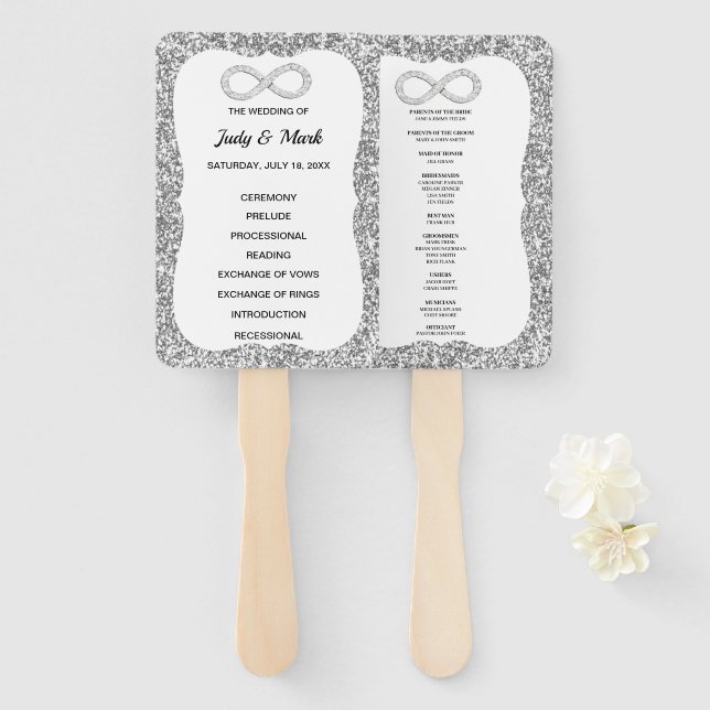 Silver Glitter Diamond Infinity Wedding Program Hand Fan (Front and Back)