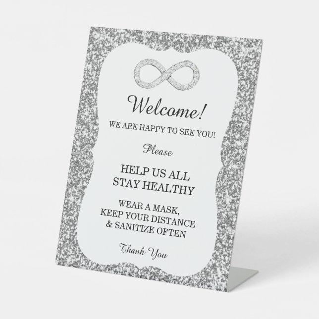 Silver Glitter Diamond Infinity Wedding Safety  Pedestal Sign (Front)