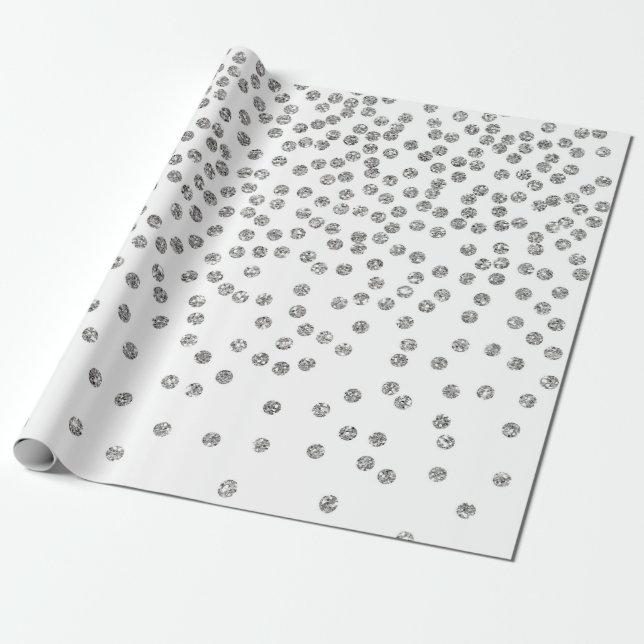 Silver Glitter Diamonds Dots Confetti White Wrapping Paper (Unrolled)