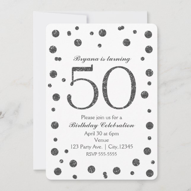 Silver Glitter Dots 50th 50 Birthday Party Invitation (Front)