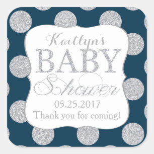 Silver Glitter Dots Navy Blue Baby Shower Label