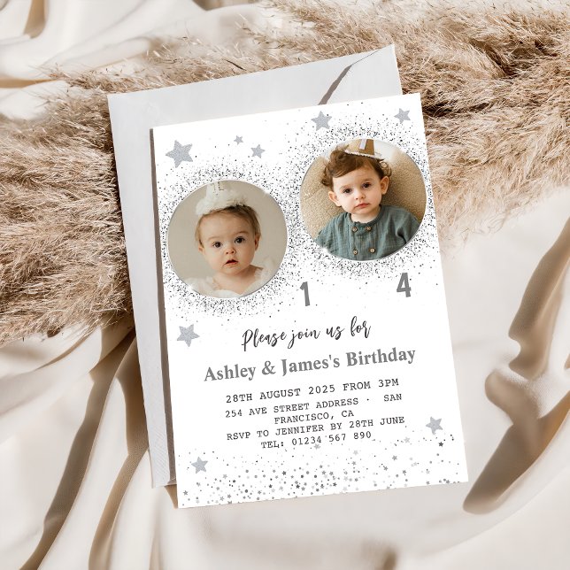 Silver Glitter Double Birthday Kids Photo Invitation (Creator Uploaded)