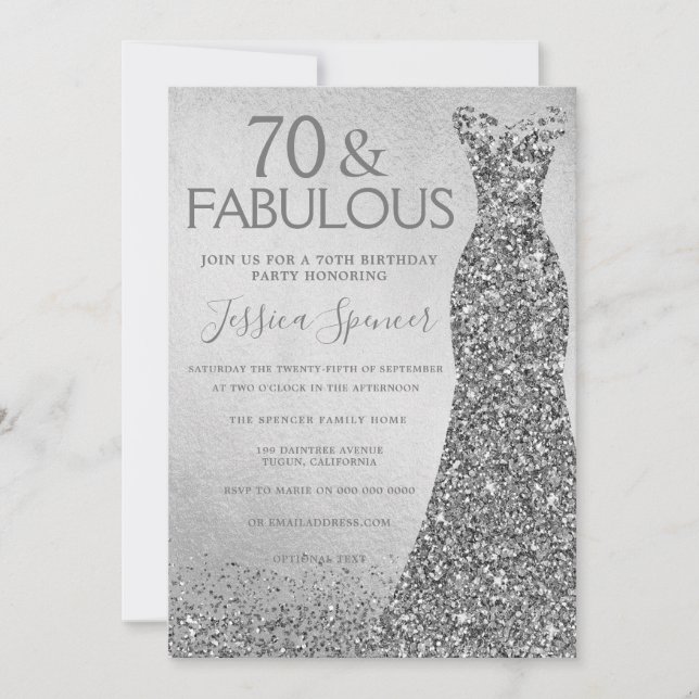 Silver Glitter Dress 70 & fabulous 70th Birthday Invitation (Front)