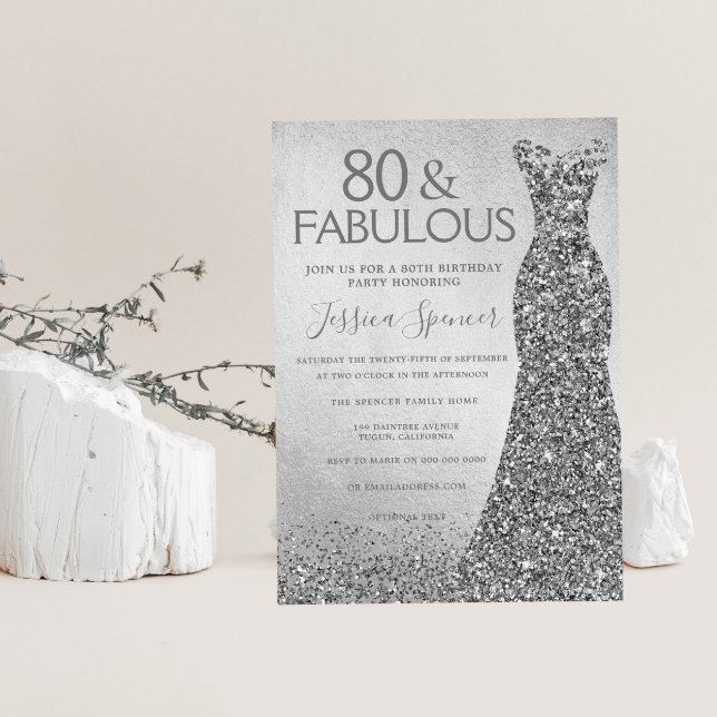 Silver Glitter Dress 80 & fabulous 80th Birthday Invitation (Creator Uploaded)