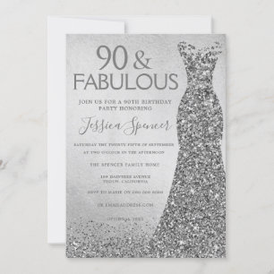 Silver Glitter Dress 90 & fabulous 90th Birthday Invitation