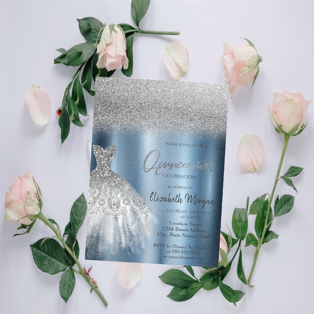 Silver Glitter Dress Blue Metallic Quinceañera Invitation (Creator Uploaded)