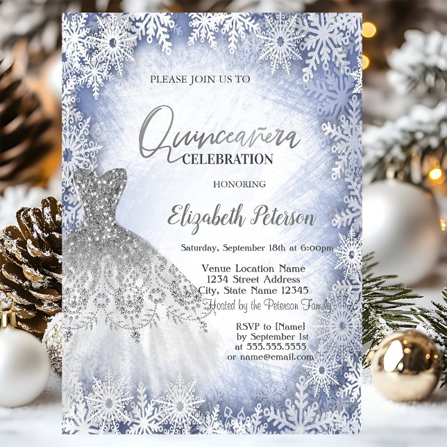 Silver Glitter Dress Blue Snowflakes Quinceanera Invitation (Creator Uploaded)