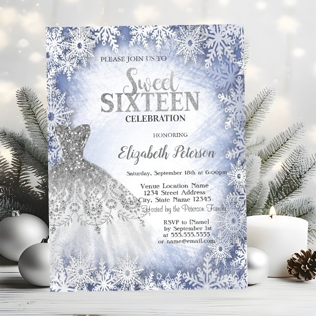 Silver Glitter Dress Blue Snowflakes Sweet 16  Invitation (Creator Uploaded)