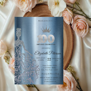 Silver Glitter Dress, Diamonds Blue 100th Birthday Invitation