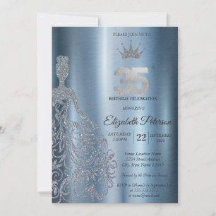 Silver Glitter Dress, Diamonds Blue 35th Birthday Invitation