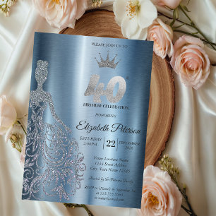 Silver Glitter Dress, Diamonds Blue 40th Birthday Invitation