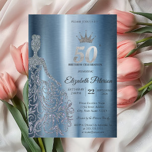 Silver Glitter Dress, Diamonds Blue 50th Birthday Invitation