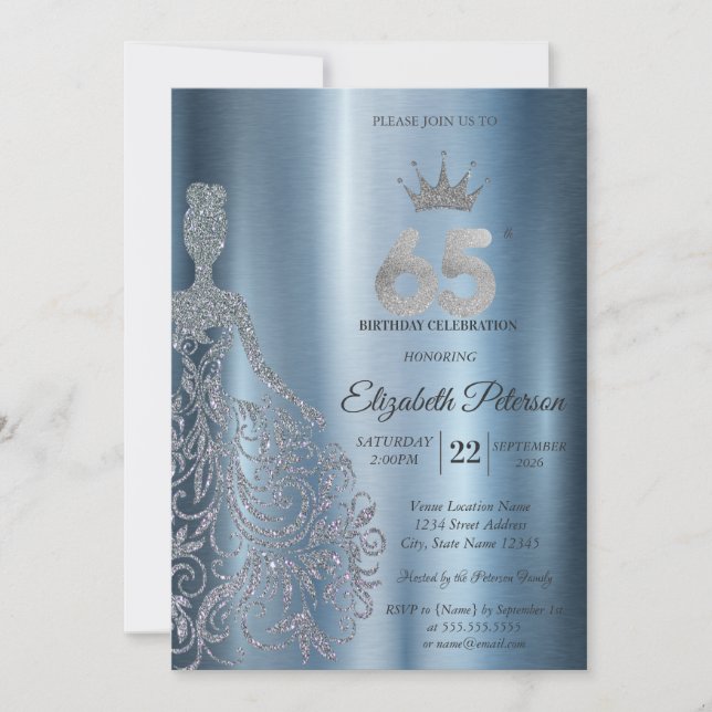 Silver Glitter Dress, Diamonds Blue 65th Birthday Invitation (Front)