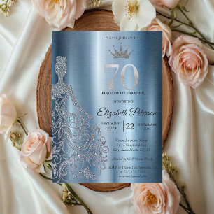 Silver Glitter Dress, Diamonds Blue 70th Birthday Invitation