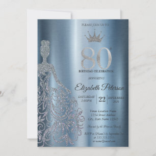 Silver Glitter Dress, Diamonds Blue 80th Birthday Invitation