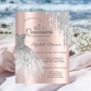Silver Glitter Dress,Drips Rose Gold Quinceañera Invitation