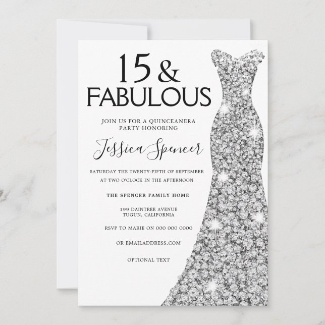 Silver Glitter Dress Fabulous 15 Quinceanera Party Invitation (Front)