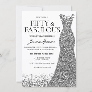 Silver Glitter Dress Fifty & Fabulous 50th Party Invitation