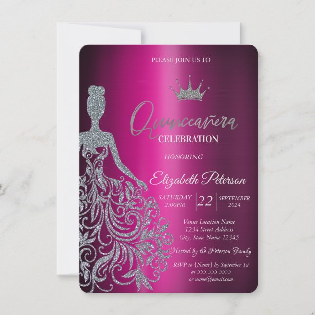 Silver Glitter Dress Purple Metallic  Invitation (Front)