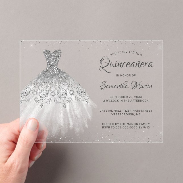 Silver Glitter Dress Script Quinceañera Party Acrylic Invitations (Insitu (Handheld))