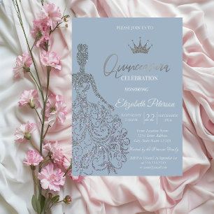 Silver Glitter Dress Tiara Dusty Blue Quinceanera Invitation