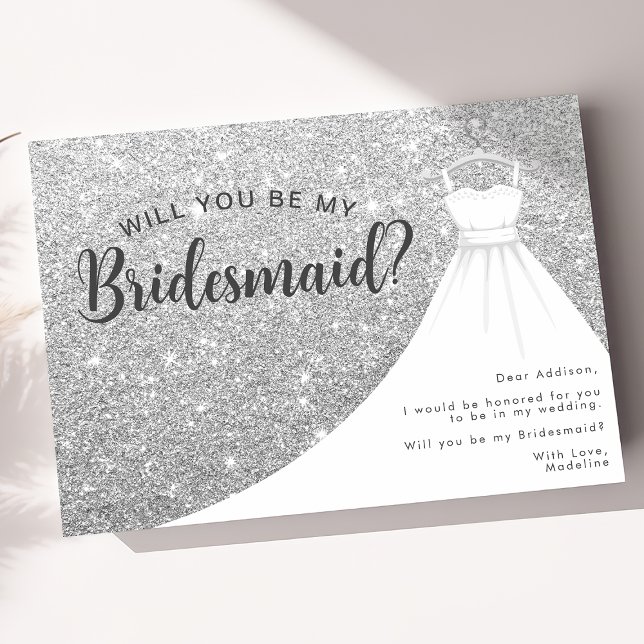Silver Glitter Dress Will You Be My Bridesmaid Invitation (Creator Uploaded)