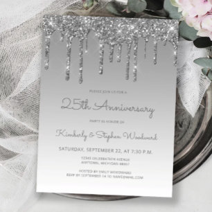 Silver Glitter Drip 25th Anniversary Invitation Postcard