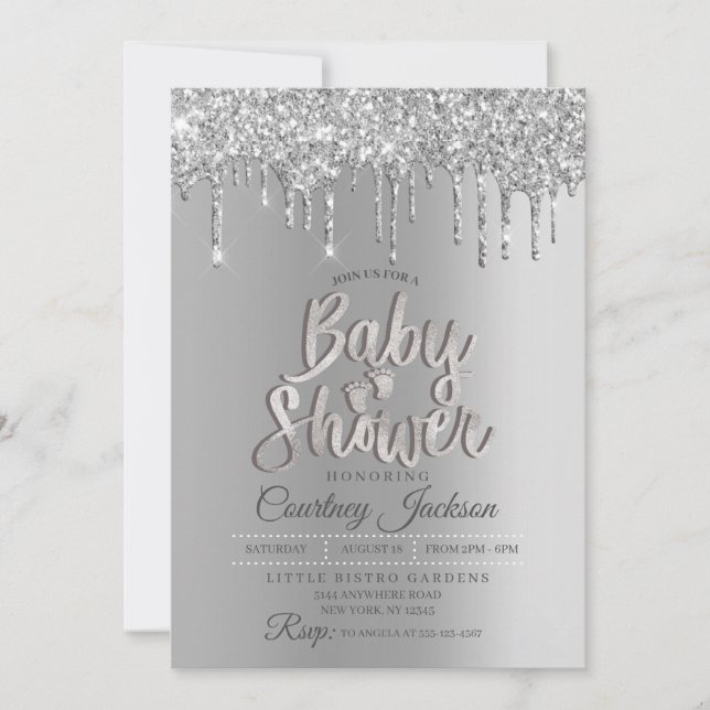 Silver Glitter Drip Baby Shower Invitation (Front)