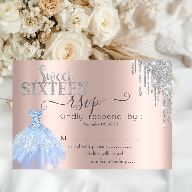 Silver Glitter Drip Blue Dress Sweet 16 RSVP  Invitation (Creator Uploaded)