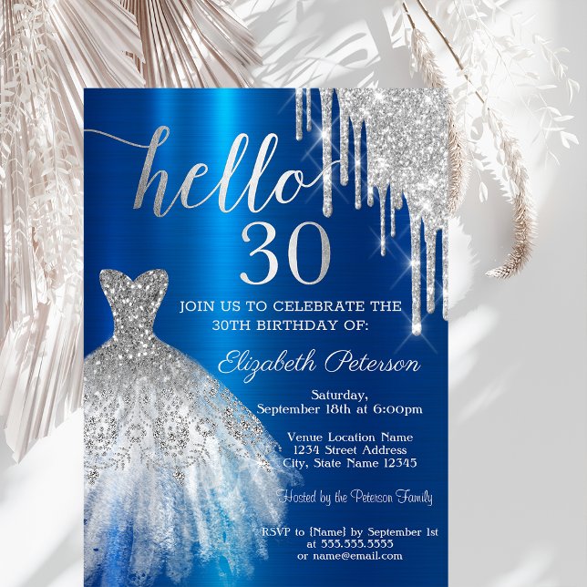 Silver Glitter Drip Dress Blue Metallic 30th  Invitation (Creator Uploaded)