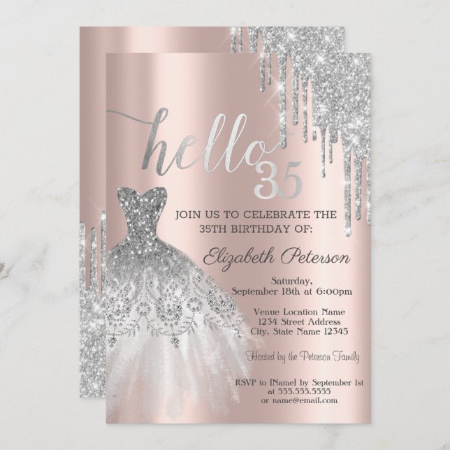 Silver Glitter Drip Dress Rose Gold 35th Birthday  Invitation (Front/Back)
