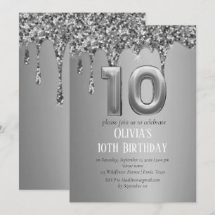 Silver Glitter Drip Girl Girly 10th Birthday  Invitation